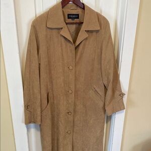 FEN.NELLI  Women's Tan Faux Suede Long Trench Coat Boho Feminine Eyelet Gold